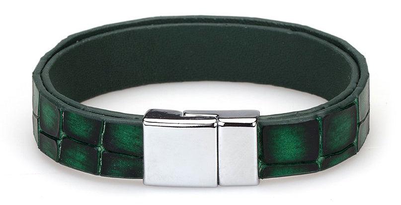Enhance his style with a crocodile stamped and shaded leather bracelet.    Unique croc stamped pattern. Shaded hunter green coloration. Chrome magnetic closure. One size.