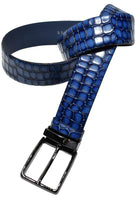 Cool colored snake skin embossed leather belt with a glazed finish. Great with pants or jeans. Imported. Colors: Slate, Navy or Royal.   Snake Chainlink Men's Leather Belt by Marcello Sport  Stamped snake skin pattern on Italian leather. Satin Nickel Finished Buckle. Imported. Sizes 30-44.