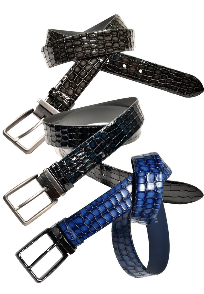 Cool colored snake skin embossed leather belt with a glazed finish. Great with pants or jeans. Imported. Colors: Slate, Navy, Royal. 