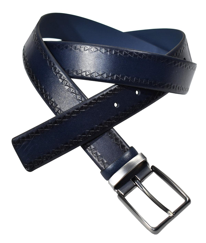 Marcello deep indigo leather belt looks perfect to dress up your favorite jeans.    Soft leather. Brushed metal buckle. Standard belt width. Indigo shading and diagonal cross stamp edges. Sizes 32-44