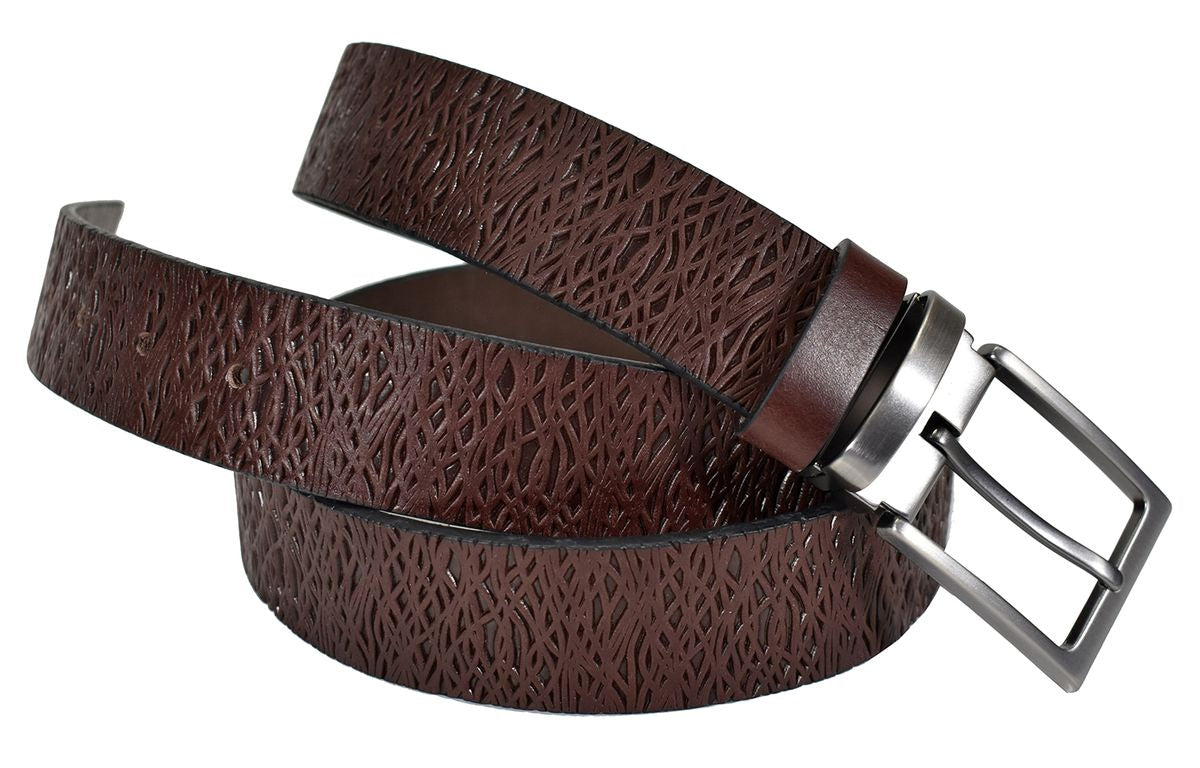 Marcello soft leather belt, uniquely stamped to look like an abstract weave, is subtle yet very stylish.   Brushed nickel buckle.  Sizes 32 -40  Colors: Brown or Indigo