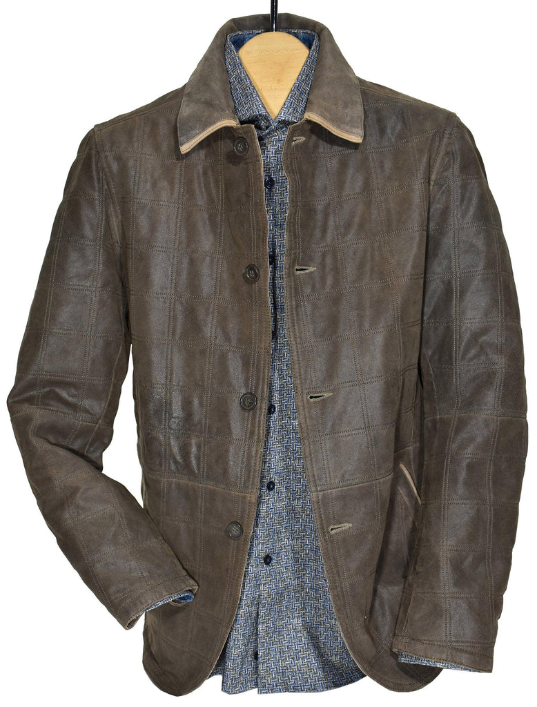 Outstanding, unique style in this sueded leather car coat with button front closure and unique plaid stitching. Moderate weight, classic side slash pockets and thigh length.  Suede Leather Car Coat  Full button front style. Plaid cross texture stitching adds style. Moderate weight for a thinner jacket. Perfect for Fall for warmth and layering. Thigh length. Polo style collar with contrast edge detail. Modern Fit.