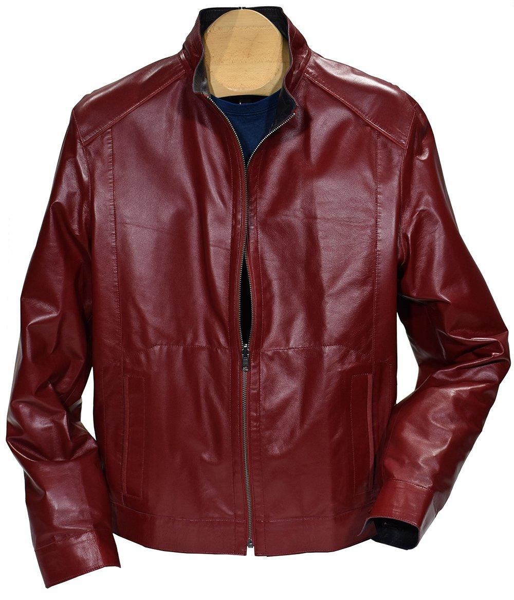 Smooth exclusive nappa leather outer. Reversible to microfiber, which is trimmed in leather. Straight cut is a fit perfect for a slender or moderate build. Traditional side slash pockets. Colors are black, indigo and dark red.  All reverse to navy microfiber. Imported.