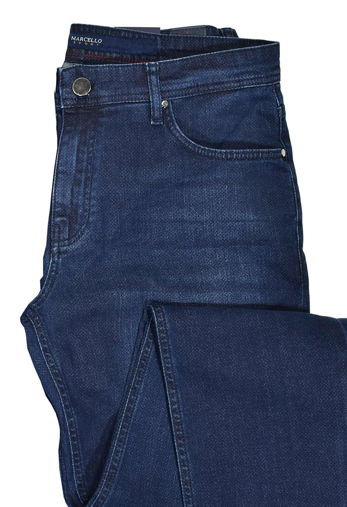 Marcello’s best fitting lightweight washed navy denim. Feels and looks great! Our comfort fit from the waist band down to the thighs, then tapering the leg to the bottom provides the best of both worlds.  Comfort where you need it and updated fashion sporting a slimmed leg.  Add the benefit of stretch to work with your natural movements and you have found an excellent jean that will become your go to jean of choice.  Marcello Comfort Mens Navy Jeans