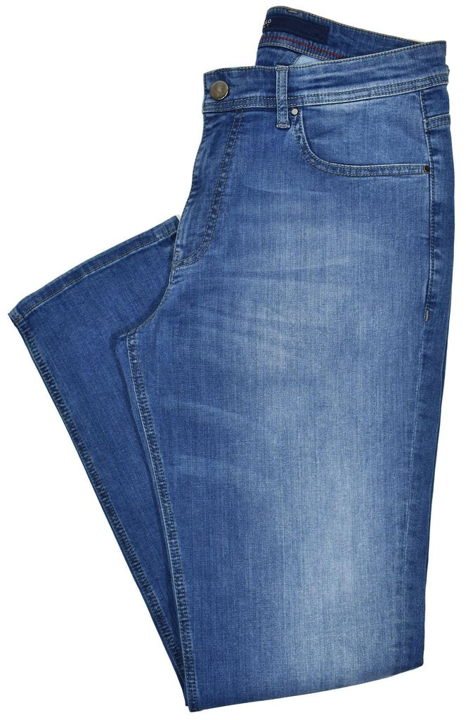 Marcello Comfort Denim  Lightweight and soft denim with stretch. Washed for a distressed, worn effect. Classic fit with a slightly tapered leg for an updated look. Medium rise. Enhanced stitching and fashion lining. All 33 length.