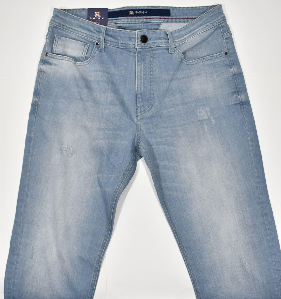 Marcello’s best fitting lightweight washed denim. Feels and looks great! Our comfort fit from the waist band down to the thighs, then tapering the leg to the bottom provides the best of both worlds.  Comfort where you need it and updated fashion sporting a slimmed leg.  Add the benefit of stretch to work with your natural movements and you have found an excellent jean that will become your go to jean of choice.  Marcello Distressed Comfort Denim