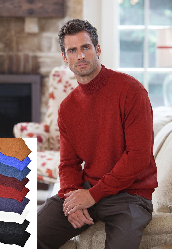 Extra Fine Men's Merino Mock  14 gauge knitting is finer than normal. Perfect for layering under a sport coat. Classic banded cuffs and waist band. Natural temperature regulation from merino wool. Classic 5cm mock neck. Classic fit. Imported.  Mock sweater by Marcello Sport
