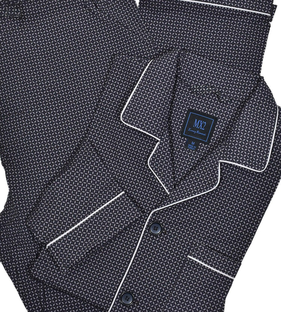 Our exclusive men's pajamas are made with extra fine cotton and a touch of lycra for stretch to move with your body's natural movements.  The result is a soft and  comfortable pajama that will quickly become the best ones in your closet.  Soft cotton with lycra stretch. Navy with slate accent color. Updated traditional pattern.