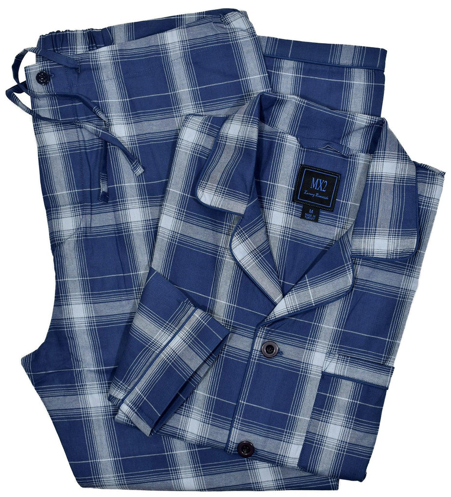 Soft cotton woven fabric. Traditional fashion pattern. Blue ground with soft grey plaid. Classic coat top with pocket, button closure and edge piping. Classic draw string pant with a touch of elastic for comfort. Classic fit.  By Marcello Sport