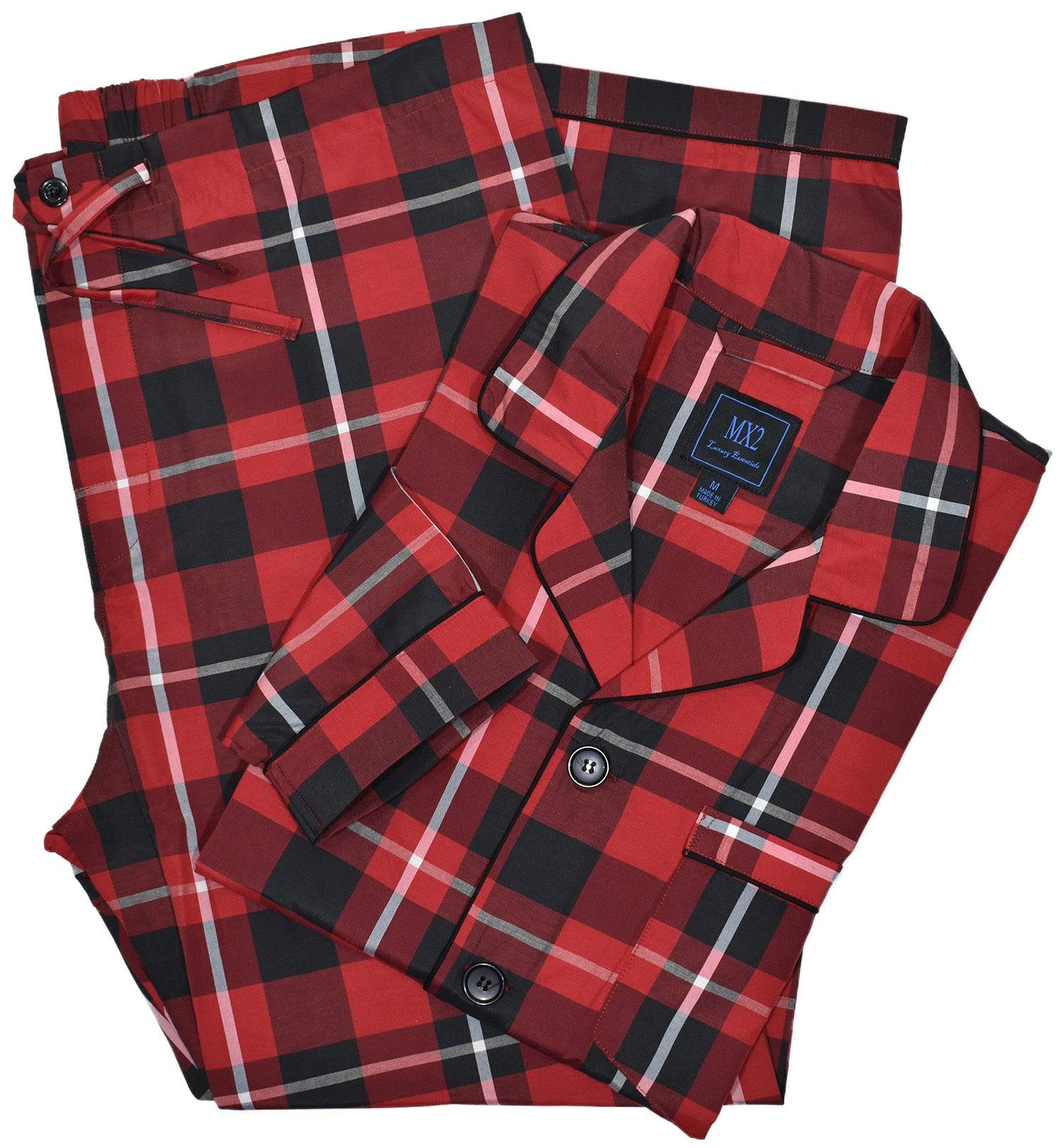 Soft cotton woven fabric. Traditional fashion pattern. Red with black plaid pattern. Classic coat top with pocket, button closure and edge piping. Classic draw string pant with a touch of elastic for comfort. Classic fit.  By Marcello Sport