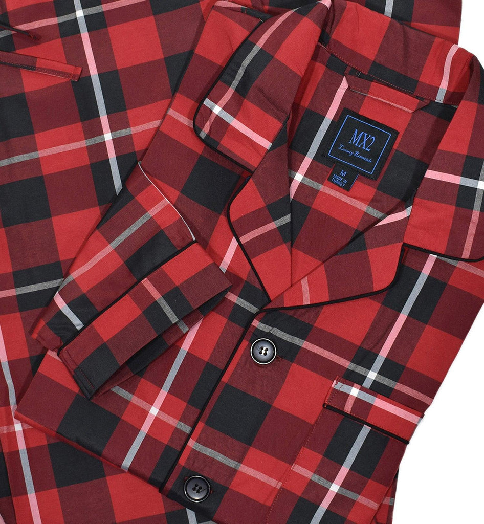 Our exclusive men's pajamas are made with extra fine cotton that is soft to the touch.  The result is a comfortable pajama that enhances you around the house lifestyle.  Soft cotton woven fabric. Traditional fashion pattern. Red with black plaid pattern.