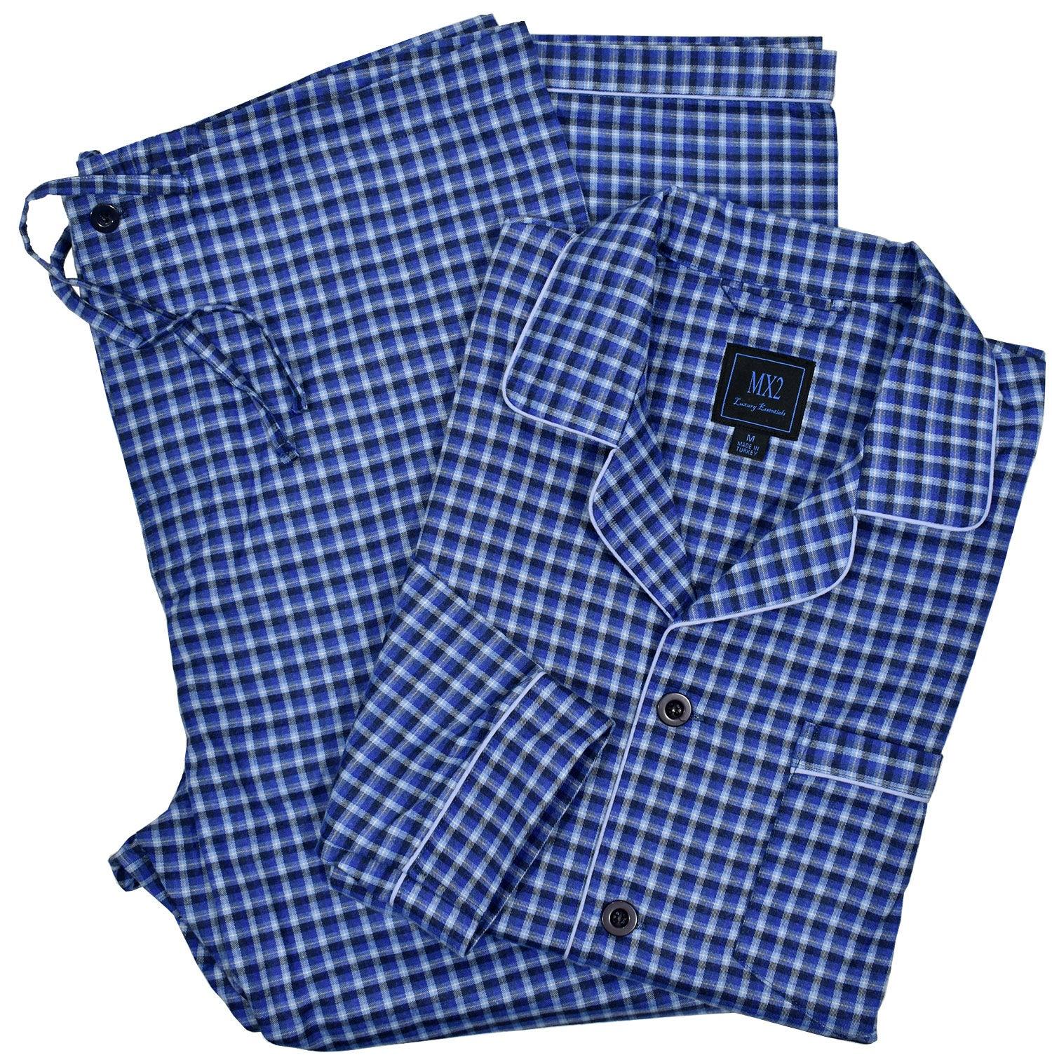 Soft cotton woven fabric. Traditional fashion pattern. Medium blue plaid with soft grey and charcoal. Classic coat top with pocket, button closure and edge piping. Classic draw string pant with a touch of elastic for comfort. Classic fit.  By Marcello Sport