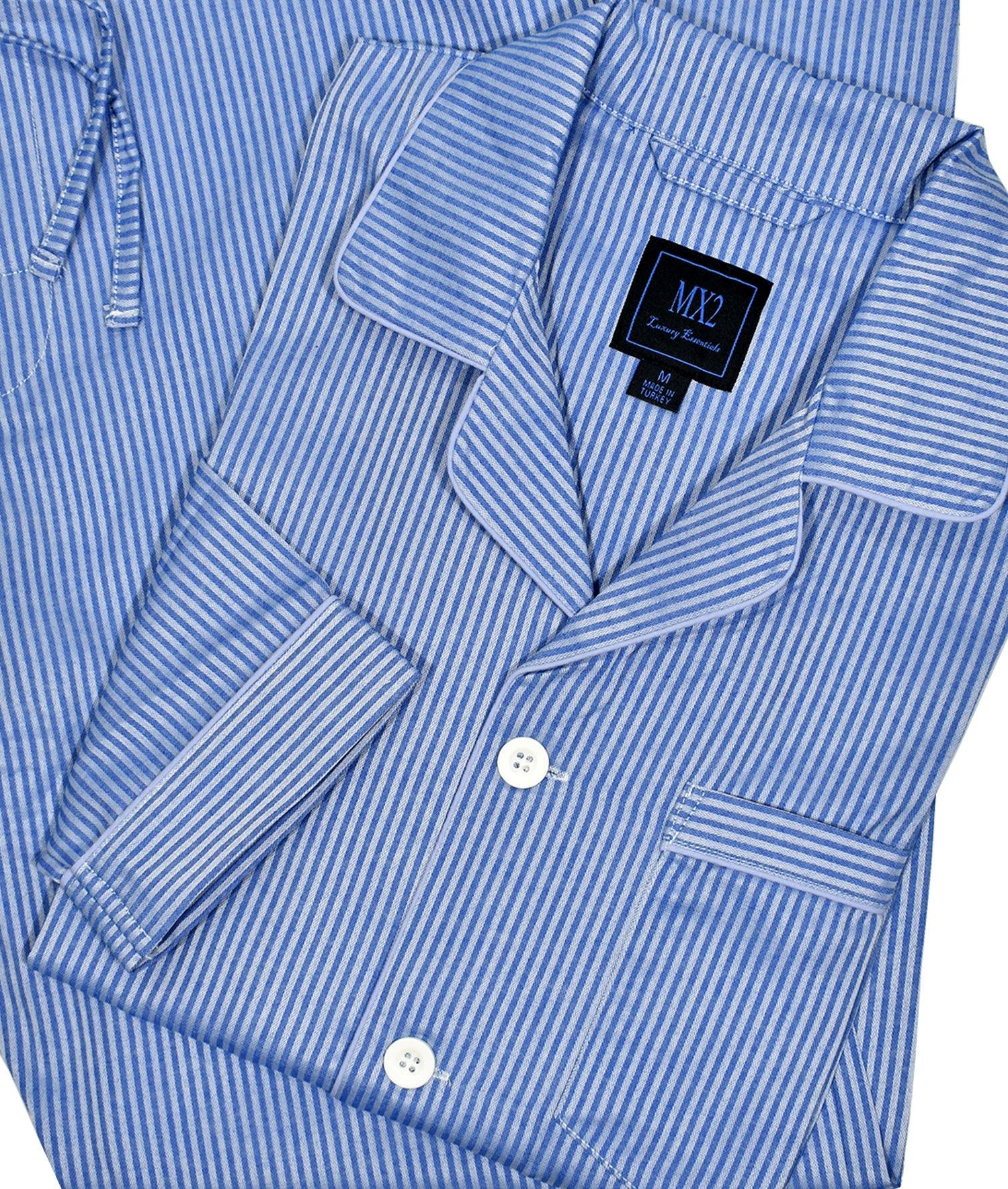 Our exclusive men's pajamas are made with extra fine cotton that is soft to the touch.  The result is a comfortable pajama that enhances your around the house lifestyle.  Soft cotton woven fabric. Traditional stripe in a fashion pattern. Soft blue fine stripe. Classic coat top with pocket, button closure and edge piping.