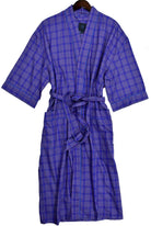 Soft woven cotton fabric. Updated traditional plaid pattern. Navy and plum coloration. Classic front cargo pockets. Classic draw string at waist line. Kimono sizing, one size fits all. By Marcello Sport
