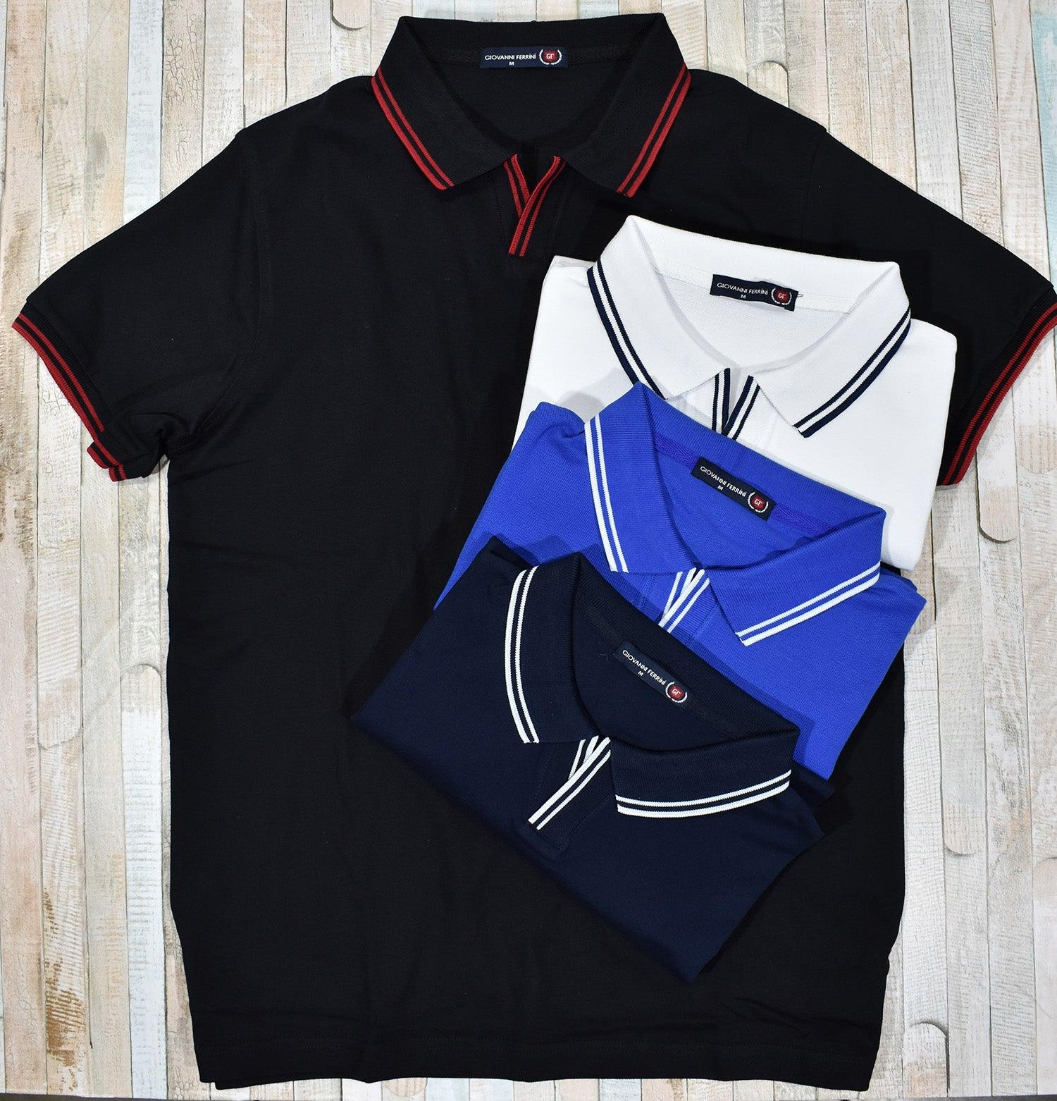 When your basic polo just won't cut it out on the town or for a date, this stylish polo sports and made of style and sophistication.  Soft cotton pique with a touch of Lycra for stretch comfort. Open collar lays nicely without buttons. Contrast tipping detail on collar, placket and cuffs. Classic fit.