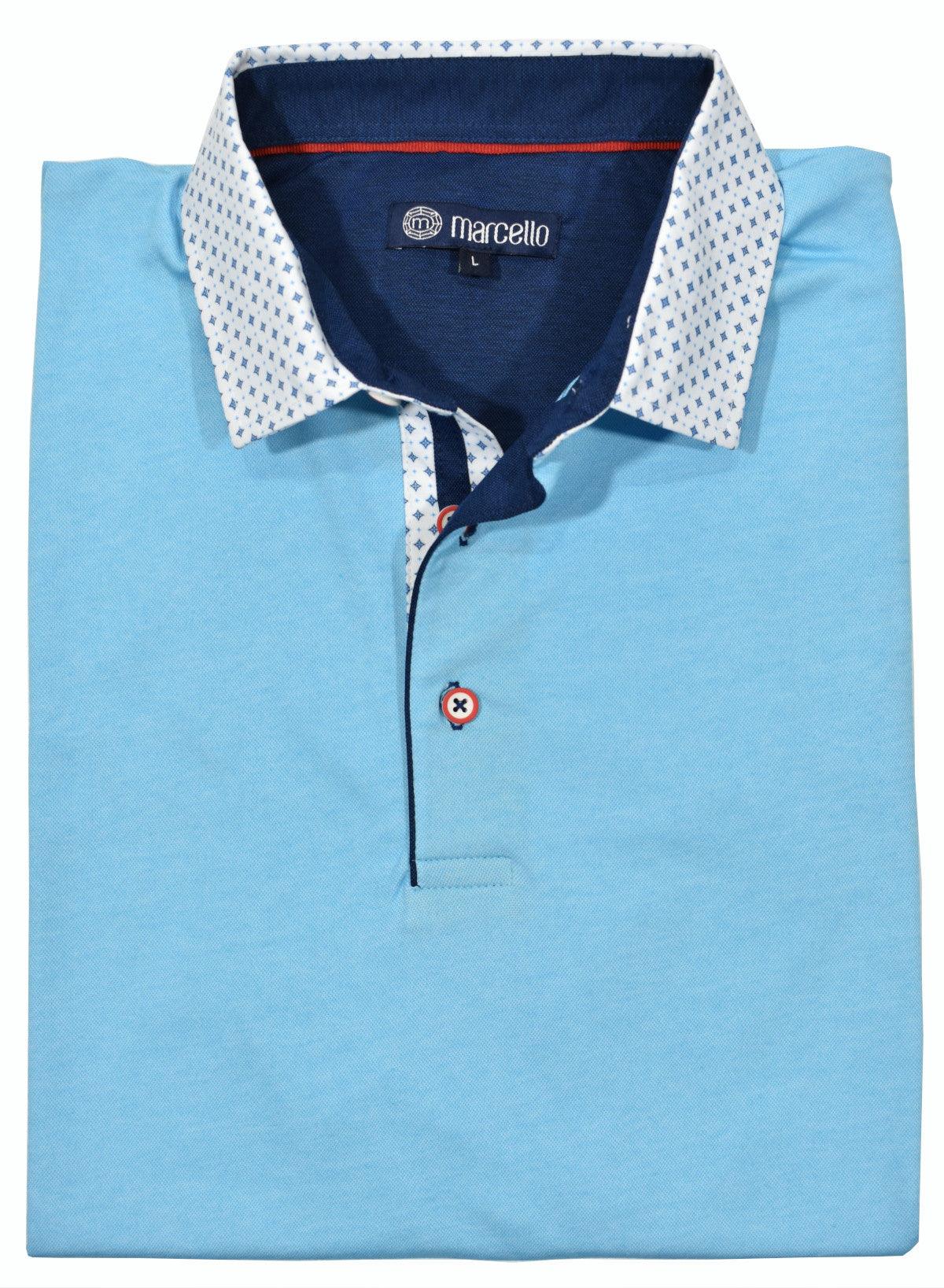 Marcello Signature Collar Sport Polo - Teal  Luxurious soft hand feeling fabric, single mercerized for an enhanced look and feel. Collar detailing with contrast fabric taping. Cotton with a little lycra for stretch and comfort. Open bottom with side slits and enhanced details. Modern fit, perfect for a medium build.