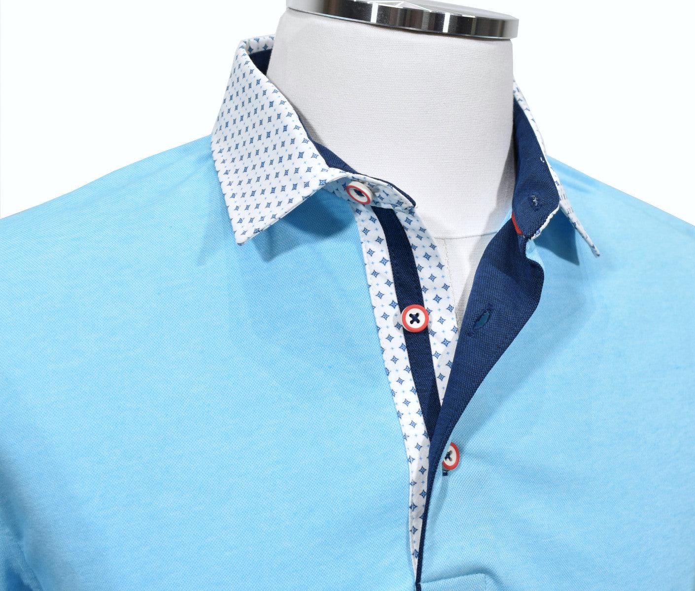 Our newest polo will add a fresh look to your Spring/Summer wardrobe.  As we all get back to normal, these polos will define a new spirit, update your style and image.  Premium cotton fabric with lycra for comfort and complimentary printed collar fabric, custom buttons and piping make these polos a must have.  Modern fit.    Marcello Signature Collar Sport Polo - Teal