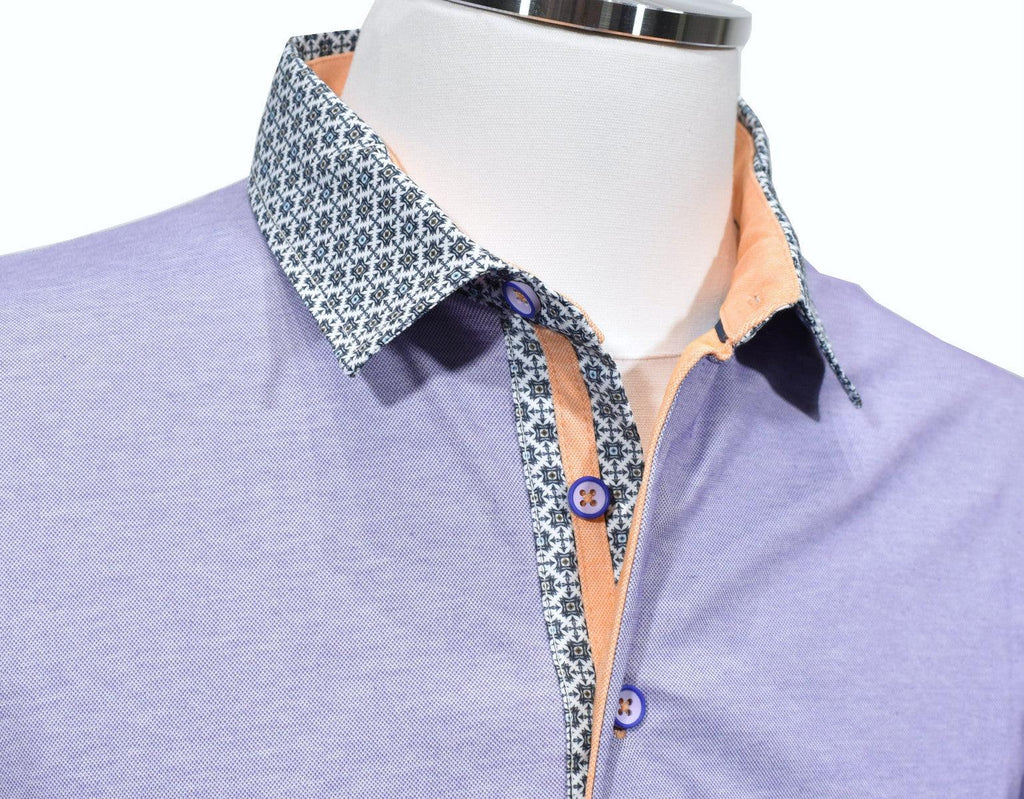 Our newest polo will add a fresh look to your Spring/Summer wardrobe.  As we all get back to normal, these polos will define a new spirit, update your style and image.  Premium cotton fabric with lycra for comfort and complimentary printed collar fabric, custom buttons and piping make these polos a must have.  Modern fit.    Marcello Signature Collar Sport Polo - Lilac