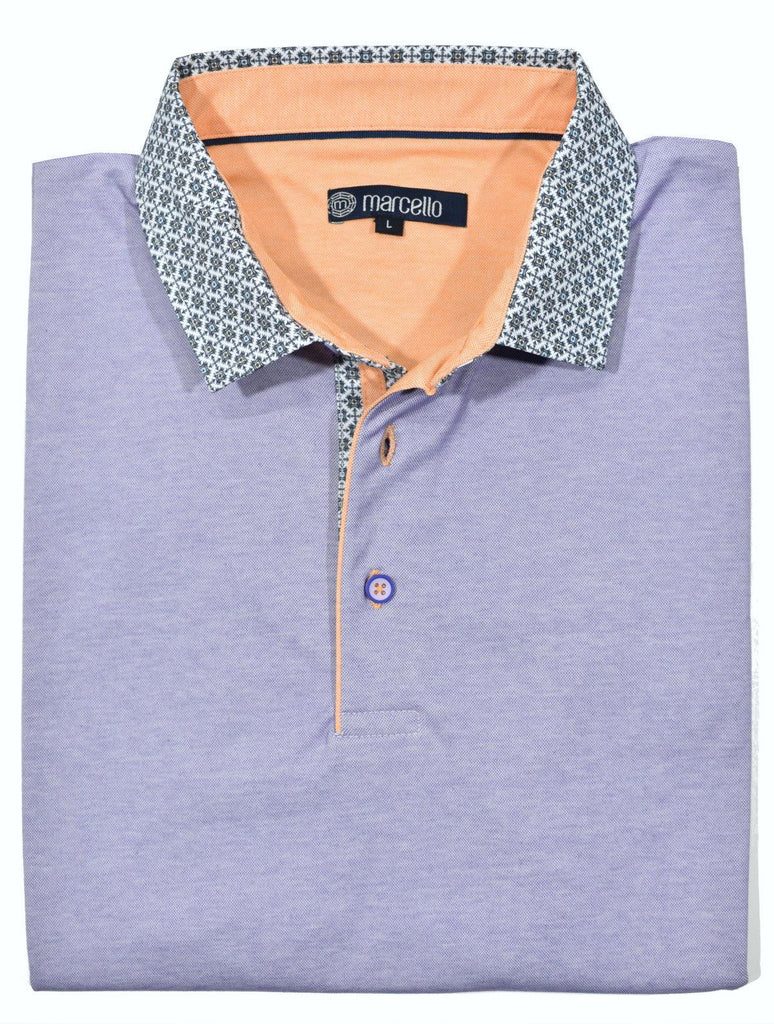 Our newest polo will add a fresh look to your Spring/Summer wardrobe.  As we all get back to normal, these polos will define a new spirit, update your style and image.  Premium cotton fabric with lycra for comfort and complimentary printed collar fabric, custom buttons and piping make these polos a must have.  Modern fit.    Marcello Signature Collar Sport Polo - Lilac