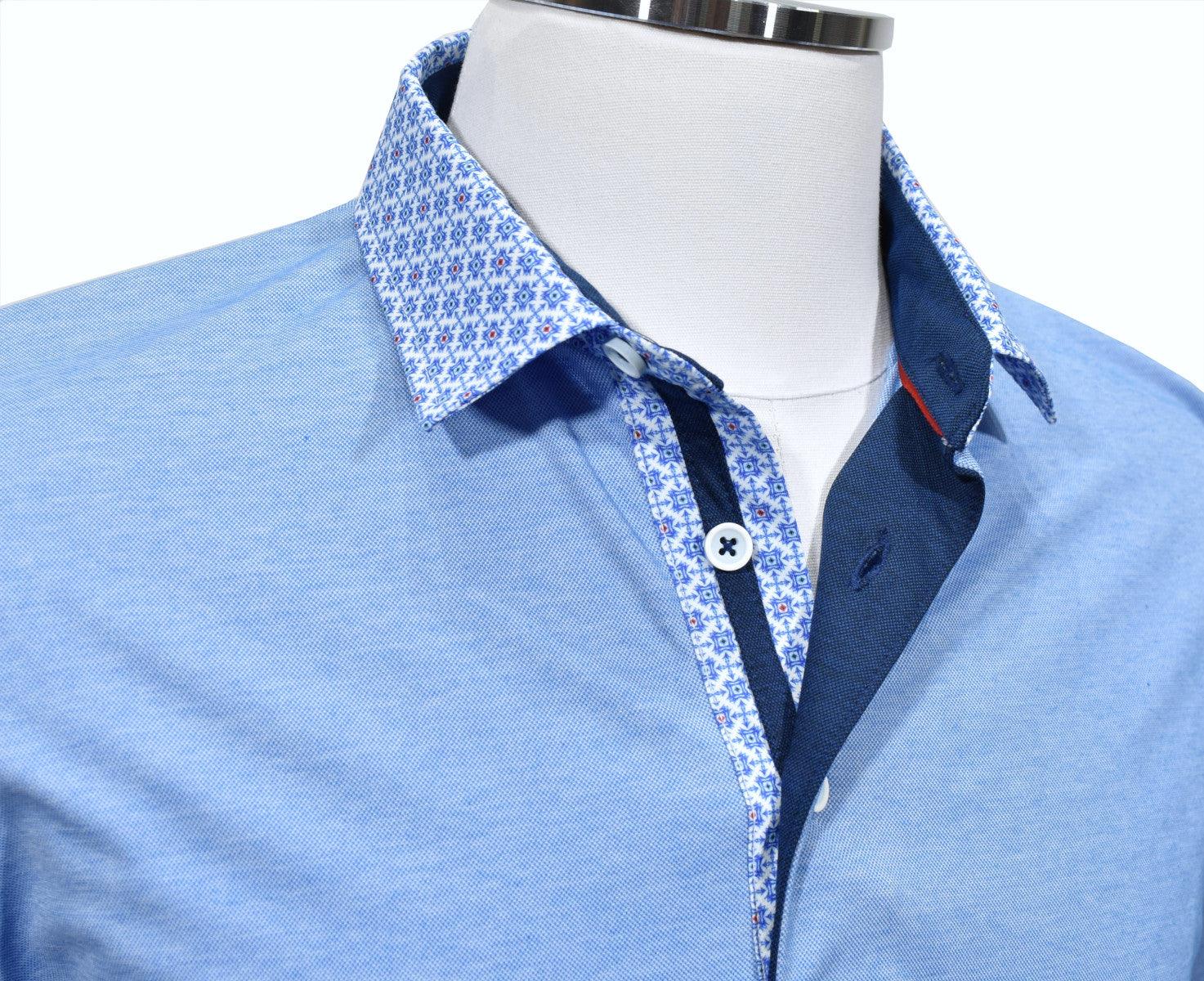 Marcello Signature Collar Sport Polo - Sky  Luxurious soft hand feeling fabric, single mercerized for an enhanced look and feel.  Collar detailing with contrast fabric taping. Cotton with a little lycra for stretch and comfort. Open bottom with side slits and enhanced details. Modern fit, perfect for a medium build.