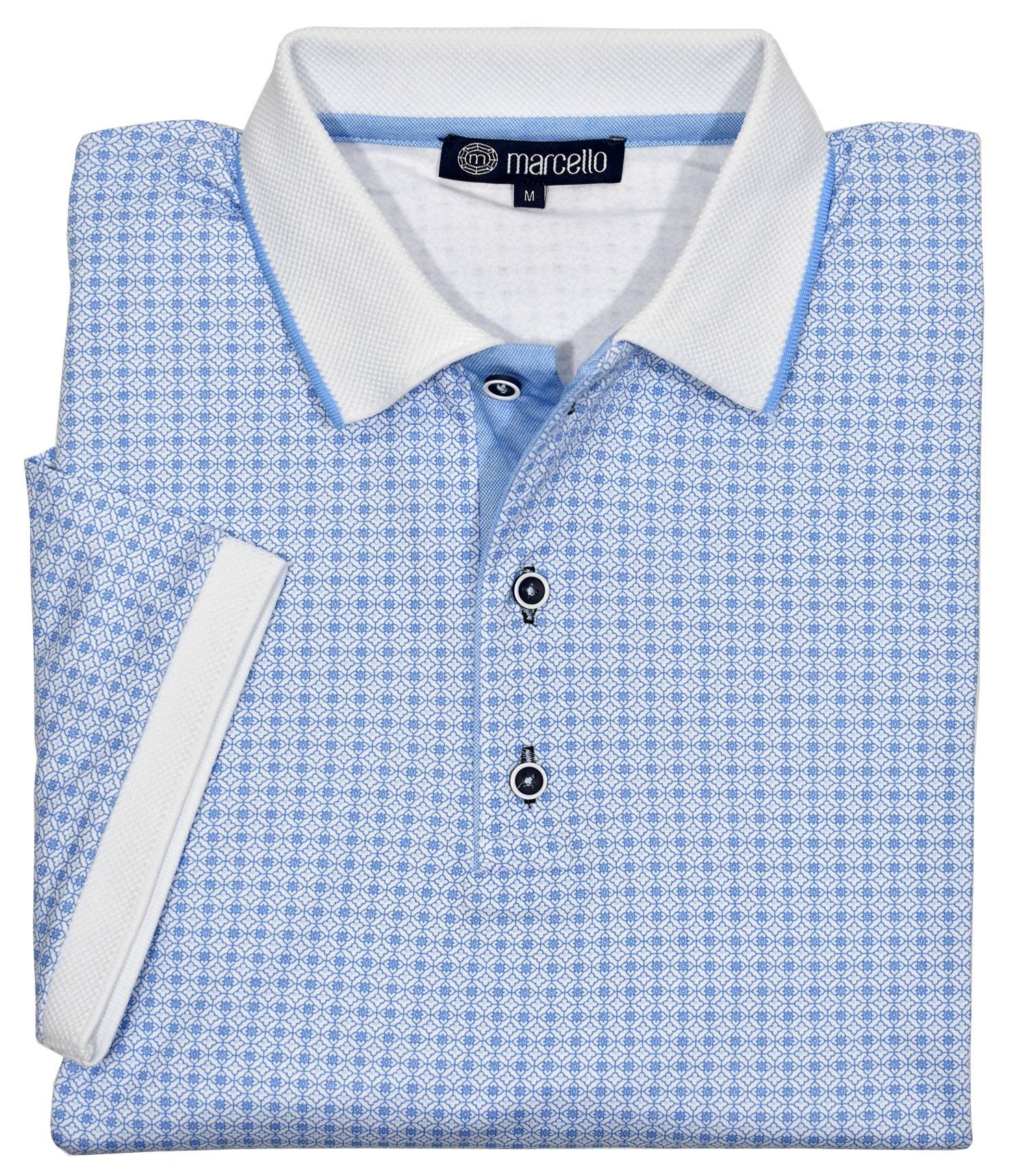 Ultra soft mercerized cotton is the ultimate in comfort and style.  Ultimate cotton fabric. Updated traditional printed pattern. Trend collar with contrast detailing. Custom buttons. Modern fit. Polo by Marcello Sport