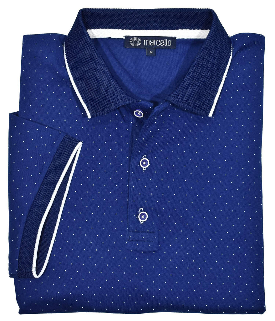The Wellington polo sports a light weight and soft baby pique fabric that is elegantly rich.  Ultimate cotton pique fabric. Updated traditional printed fine dot pattern. Trend collar with contrast detailing. Custom buttons. Modern fit.  Polo by Marcello Sport.