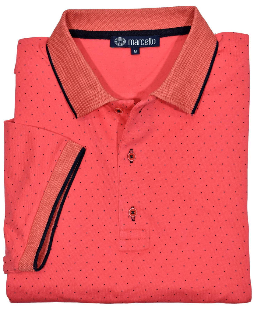 The Wellington polo sports a light weight and soft baby pique fabric that is elegantly rich. Fashion rose red coloration with fine printed dot.  Ultimate cotton pique fabric. Updated traditional printed fine dot pattern. Trend collar with contrast detailing. Custom buttons. Modern fit.