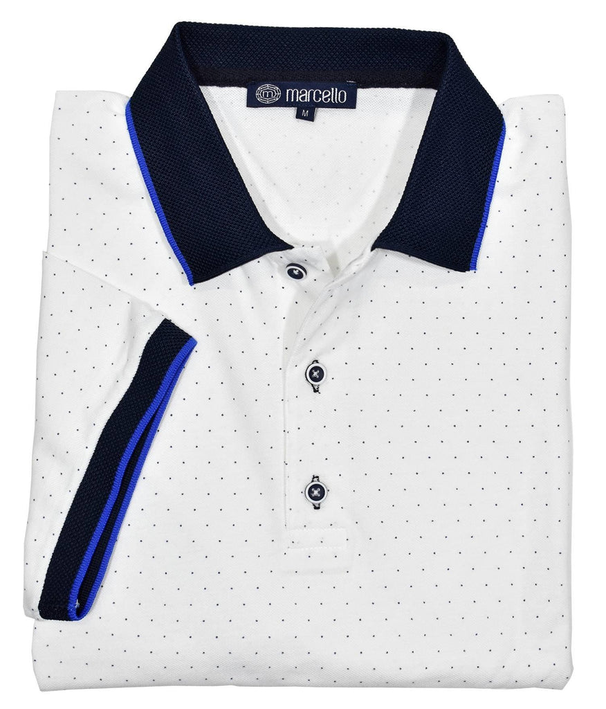 The Wellington polo sports a light weight and soft baby pique fabric that is elegantly rich.  Ultimate cotton pique fabric. Updated traditional printed fine dot pattern. Trend collar with contrast detailing. Custom buttons. Modern fit.  Polo by Marcello Sport.
