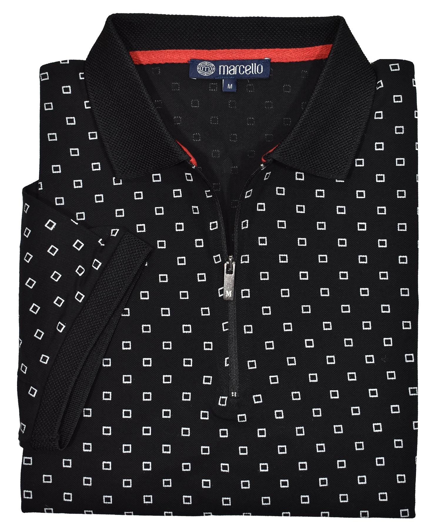 Richly elegant baby pique fabric that is soft feeling and mercerized for an enhanced image.  Ultimate cotton pique fabric. Fine zipper polo model. Unique printed box pattern. Trend collar with contrast detailing. Modern fit. Polo by Marcello Sport