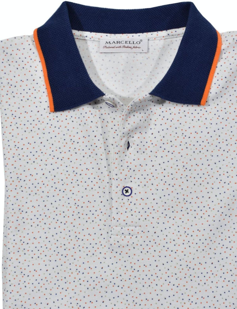 Soft cotton pique, white fabric with a fine color dot print in orange and blue. The sport image is enhanced with a matched collar and custom buttons.  The cotton pique fabric feels and looks beautiful.   Open sleeve model and a classic fit.