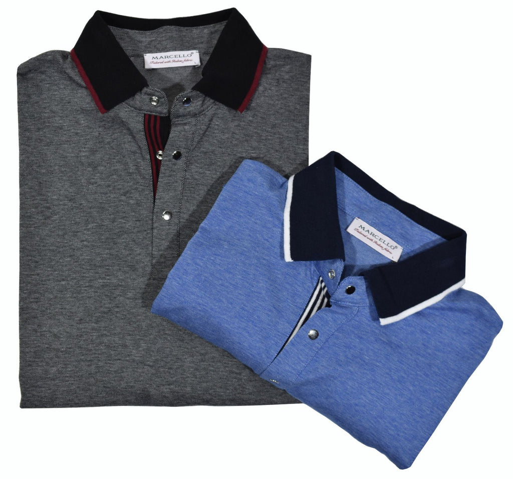 The rich, clean look of royal oxford cotton fabric in a dressy model featuring a contrast collar, trendy snaps and striped accent fabric.  The royal oxford fabric finely mixes two colored yarns.  Classic fit.   Colors: Charcoal or Blue