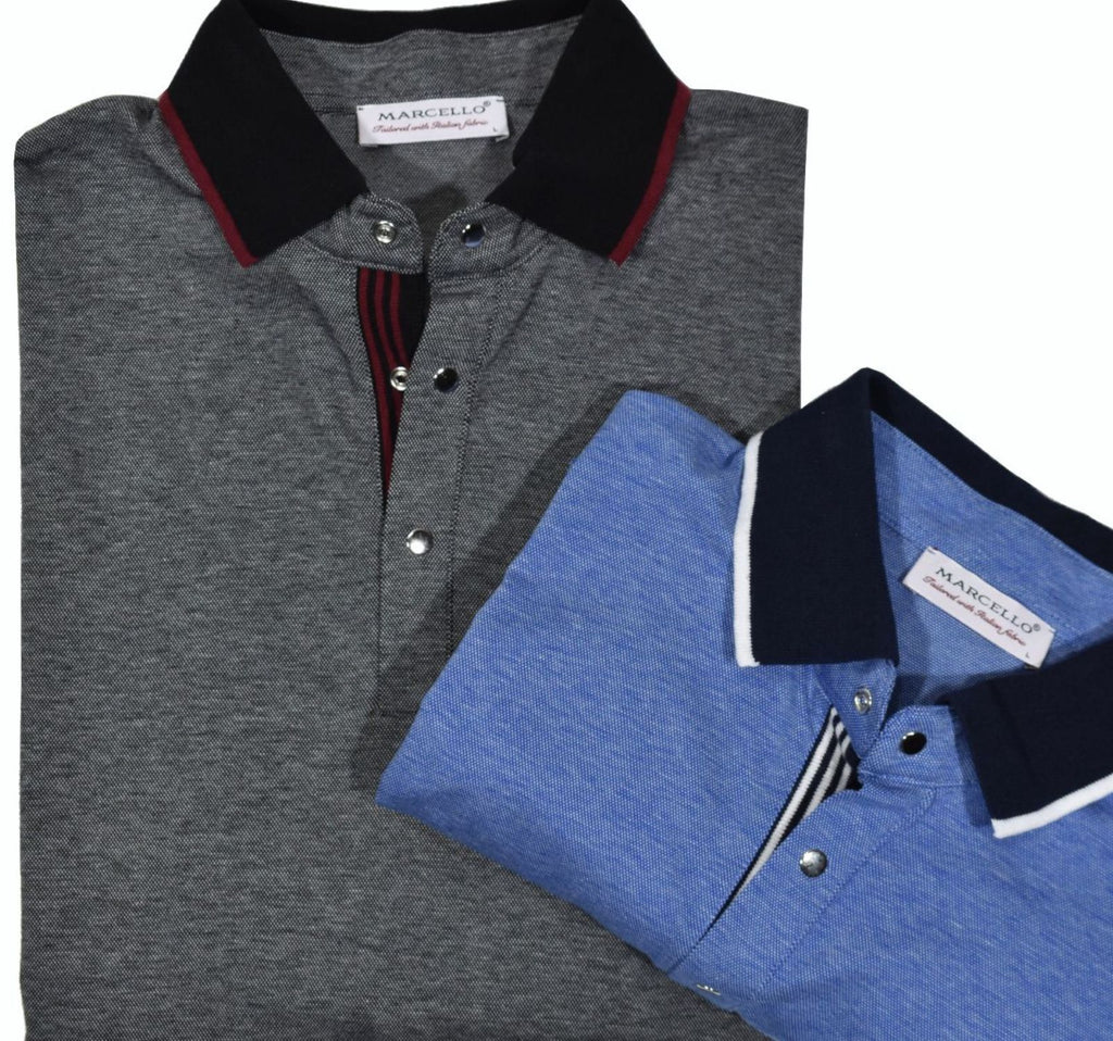 The rich, clean look of royal oxford cotton fabric in a dressy model featuring a contrast collar, trendy snaps and striped accent fabric.  The royal oxford fabric finely mixes two colored yarns.  Classic fit.   Colors: Charcoal or Blue