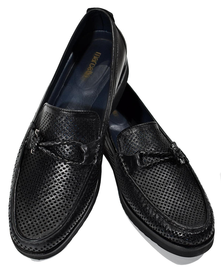 Marcello Black Perforated Leather Shoes  Soft perforated leather in black. Sharp trim details. Unique braid accessory. Rubber sole. Sizes 8-12, including half sizes. Classic fit.  Shoe by Marcello.