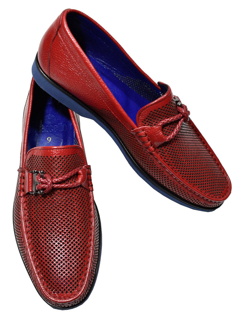 Marcello Red Perforated Leather Shoes  Soft perforated leather in fashion red. Sharp royal blue trim details. Unique braid accessory. Rubber sole. Sizes 8-12, including half sizes. Classic fit.By Marcello Sport.