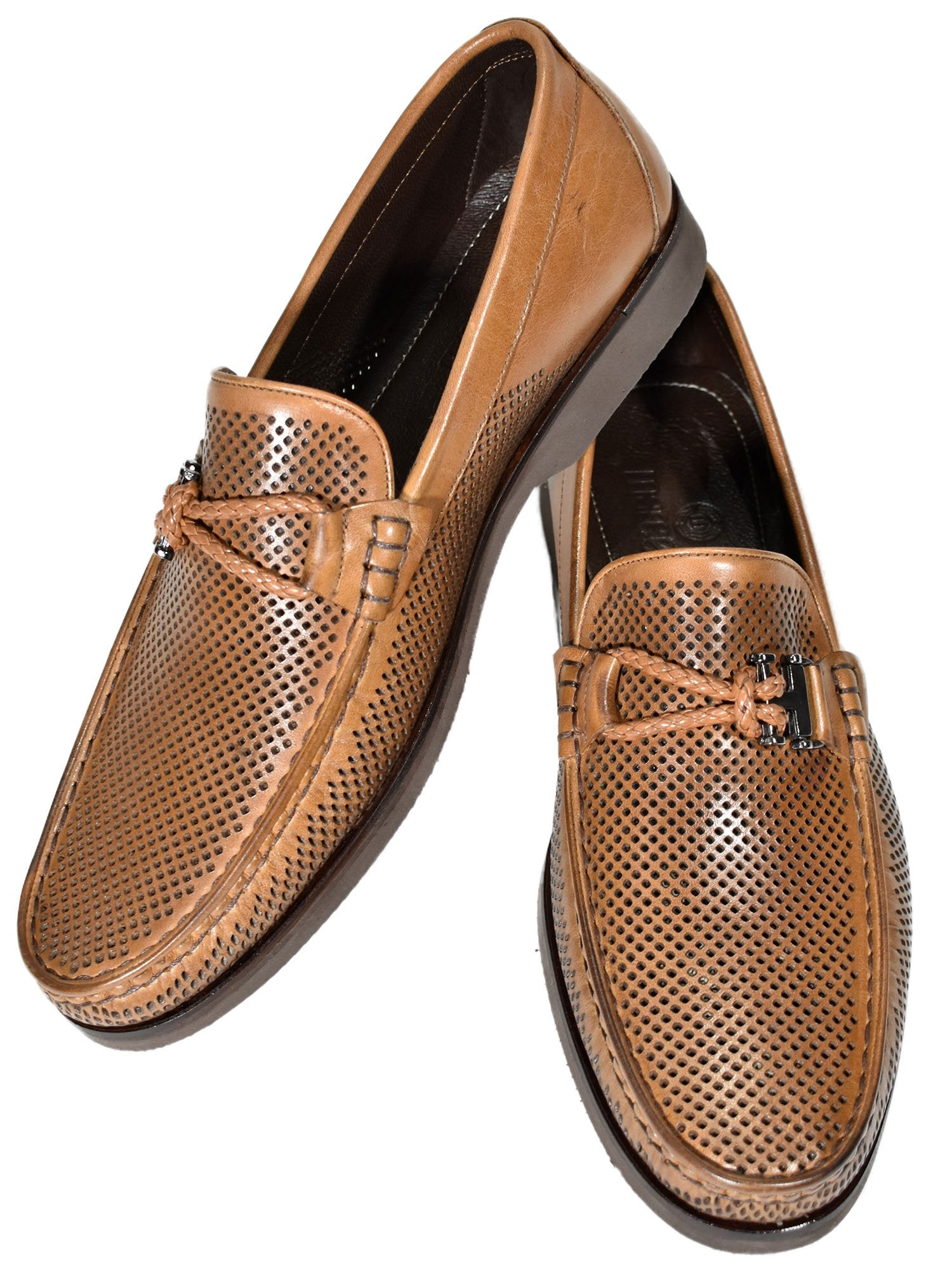 Marcello Cognac Perforated Leather Shoes  Soft perforated leather for an updated traditional look. Heal sole pillow for added comfort. Unique braid accessory detailing. Rubber performance sole. Sizes 8-12, including half sizes. Classic fit. - Marcello Sport