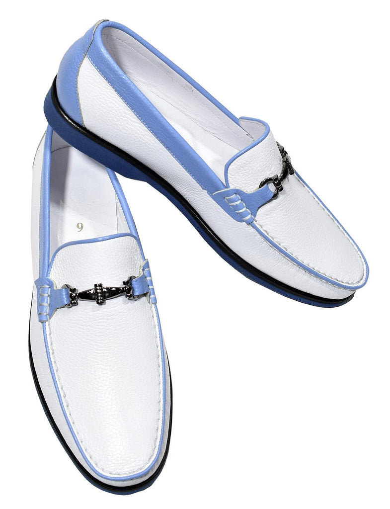 Choose this white leather shoe to go with a pair of shorts or even a cool look with your jeans. The casual shoes are enhanced with contrast detailing and a comfort rubber sole.   Leather upper with contrast leather detailing. Rubber sport sole for an active lifestyle. Classic metal hardware. Soft enhanced heel cushion in the sole. Sizes 8-12, including half sizes.