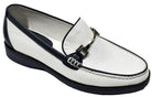 Leather upper with contrast leather detailing. White leather with navy trim. Rubber sport sole for an active lifestyle. Classic metal hardware. Soft enhanced heel cushion in the sole. Size 8-12 including half sizes.