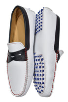 Choose this outstanding leather driver in fashionable white natural grain leather, accented with navy leather and cool red stitching. Featuring a royal blue gommini effect sole. Soft foot bed for added comfort and a classic fit. Designed and manufactured in Spain. White leather shoe by Marcello.