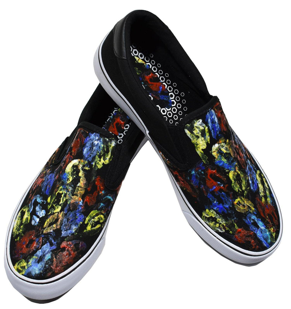  Accentuate your image with cool hand painted canvas slip on shoes.  The distinguished look will certainly get compliments.  The unique painted canvas is hand painted one by one with no two exact. Exclusively at Marcello Sport.