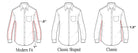Size graphic showing the classic shaped fit is one and half inches narrower in the body than a classic fit.