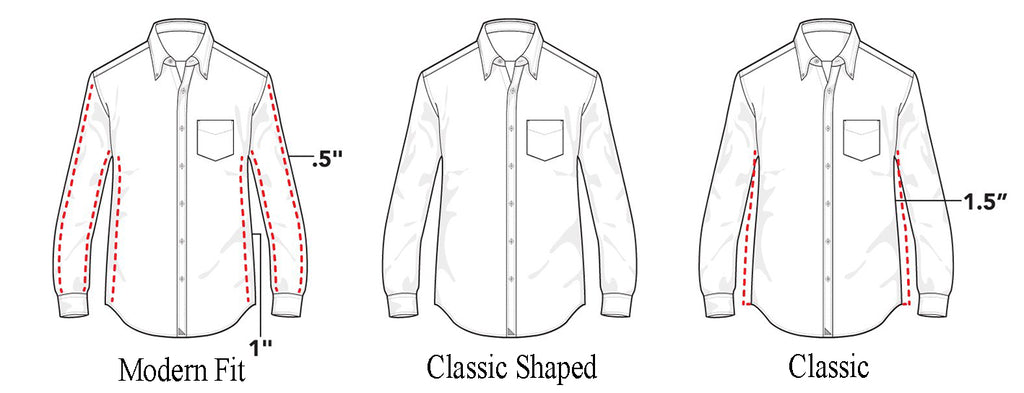 Size graphic showing the classic shaped fit is one and half inches narrower in the body than a classic fit.