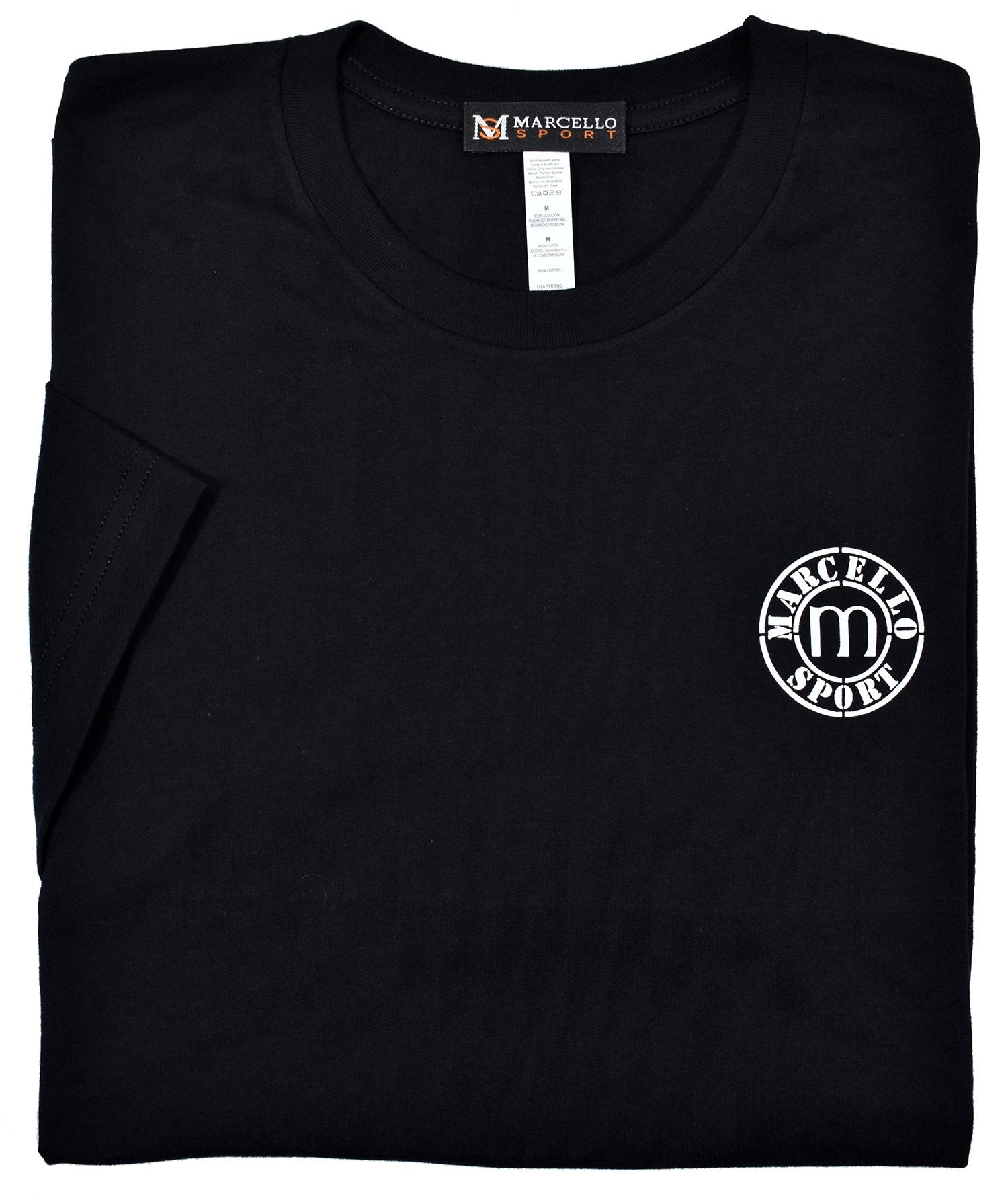 Marcello Sport Logo Tee  100% soft cotton, preshrunk. Ultra soft cotton feel. Contemporary fit, we suggest ordering one size up if between sizes or prefer a looser fit. Machine wash and dry.