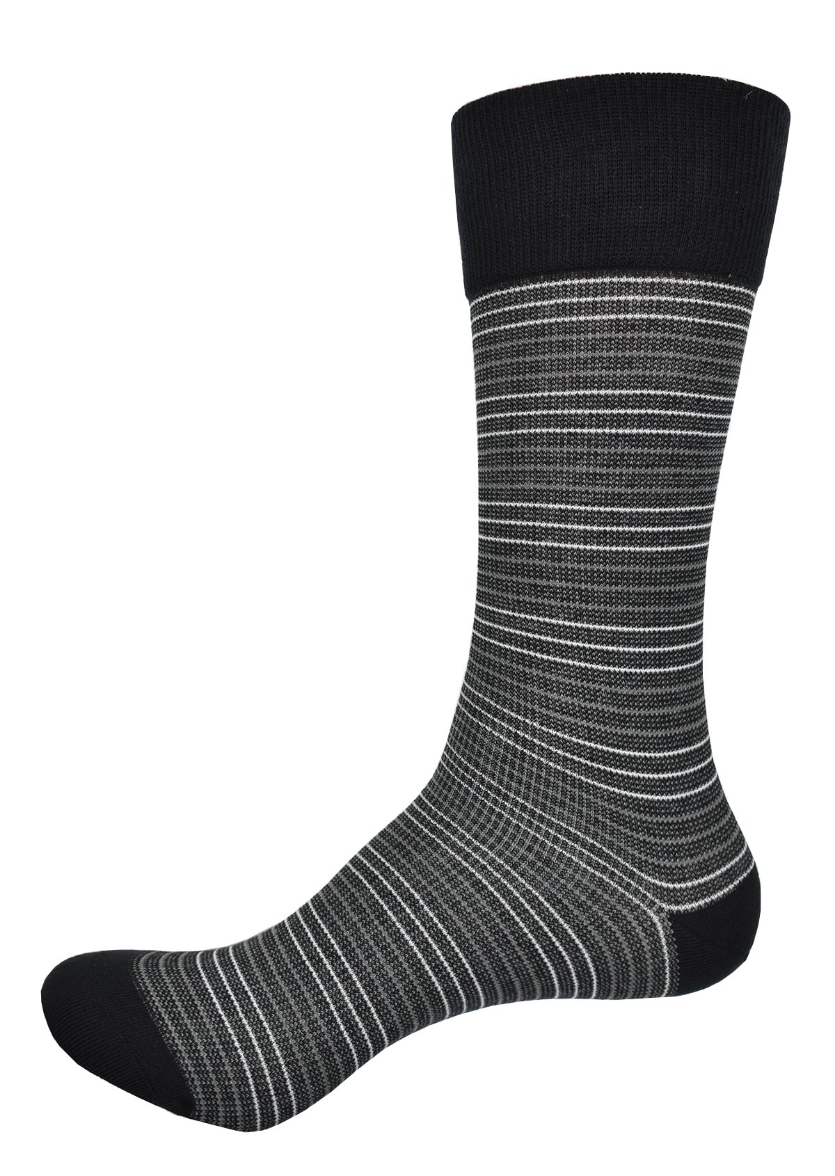 Rich and elegant fine stripe in black with white for unique fashion statement that clean and timeless.  Soft mercerized cotton. Classic timeless pattern. Mid calf height. Fits sizes 9 - 12.