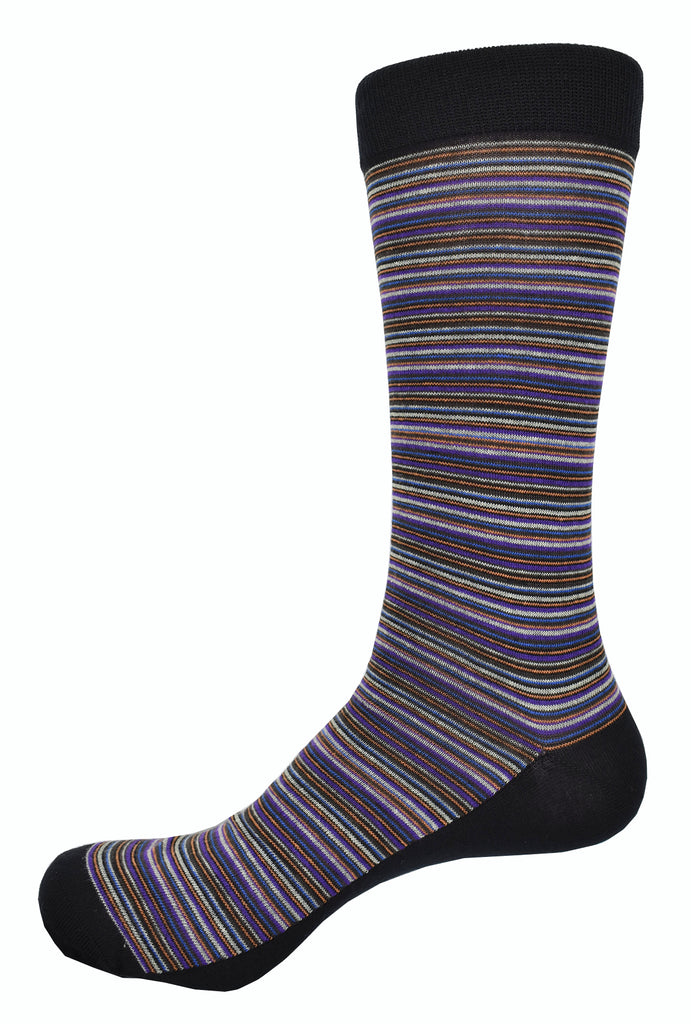 Timeless array of fine black with coral and plum toned stripes works perfectly with jeans or pants.  Soft mercerized cotton. Classic timeless pattern. Mid calf height. Fits sizes 9 - 12.