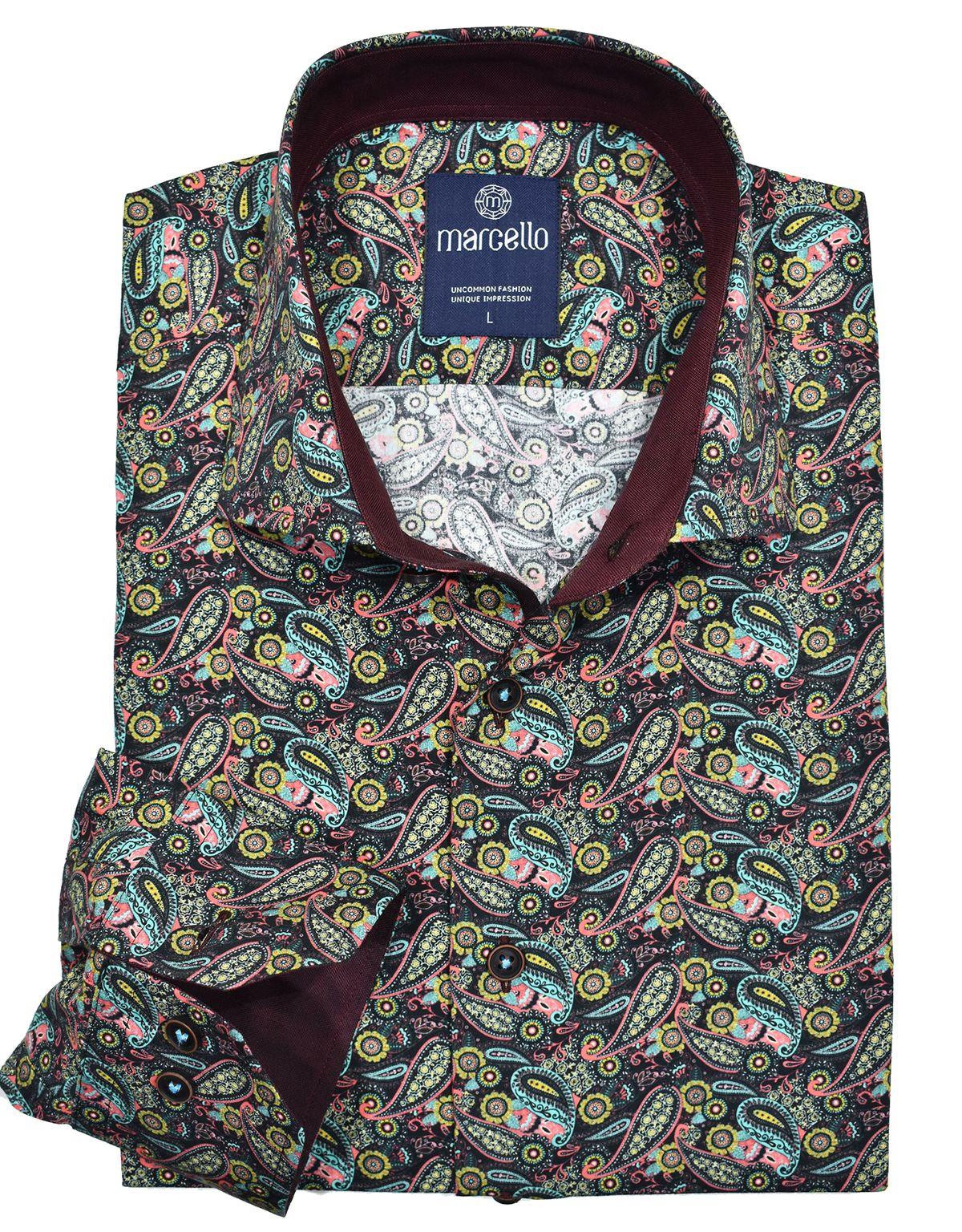 Marcello Viper Color Paisley Shirt. The colorful paisleys come alive over a dark ground and complementary chocolate trim fabric. Excellent custom matched buttons and a medium collar. Soft cotton fabric and classic fit.
