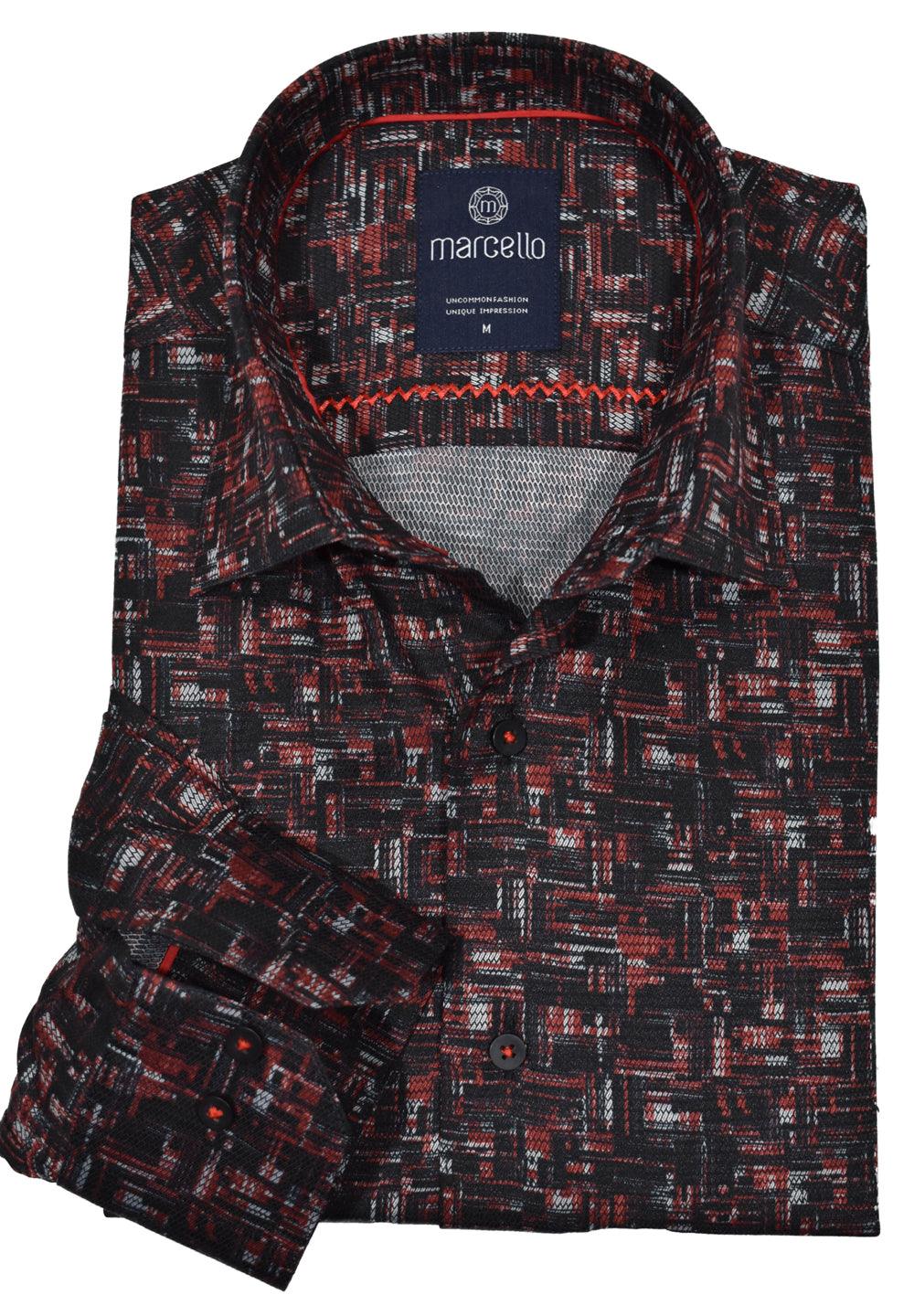 Following up on one of our most popular sport shirts, the rich, neat geometric pattern mixing black and red looks spectacular for any event. Accent detailing, a medium spread collar and cotton microfiber easy care fabric. Modern fit. Frais Shaded Shirt  Accent stitching brings out color. Soft cotton fabric with microfiber for easy care. Medium spread collar. Modern fit.