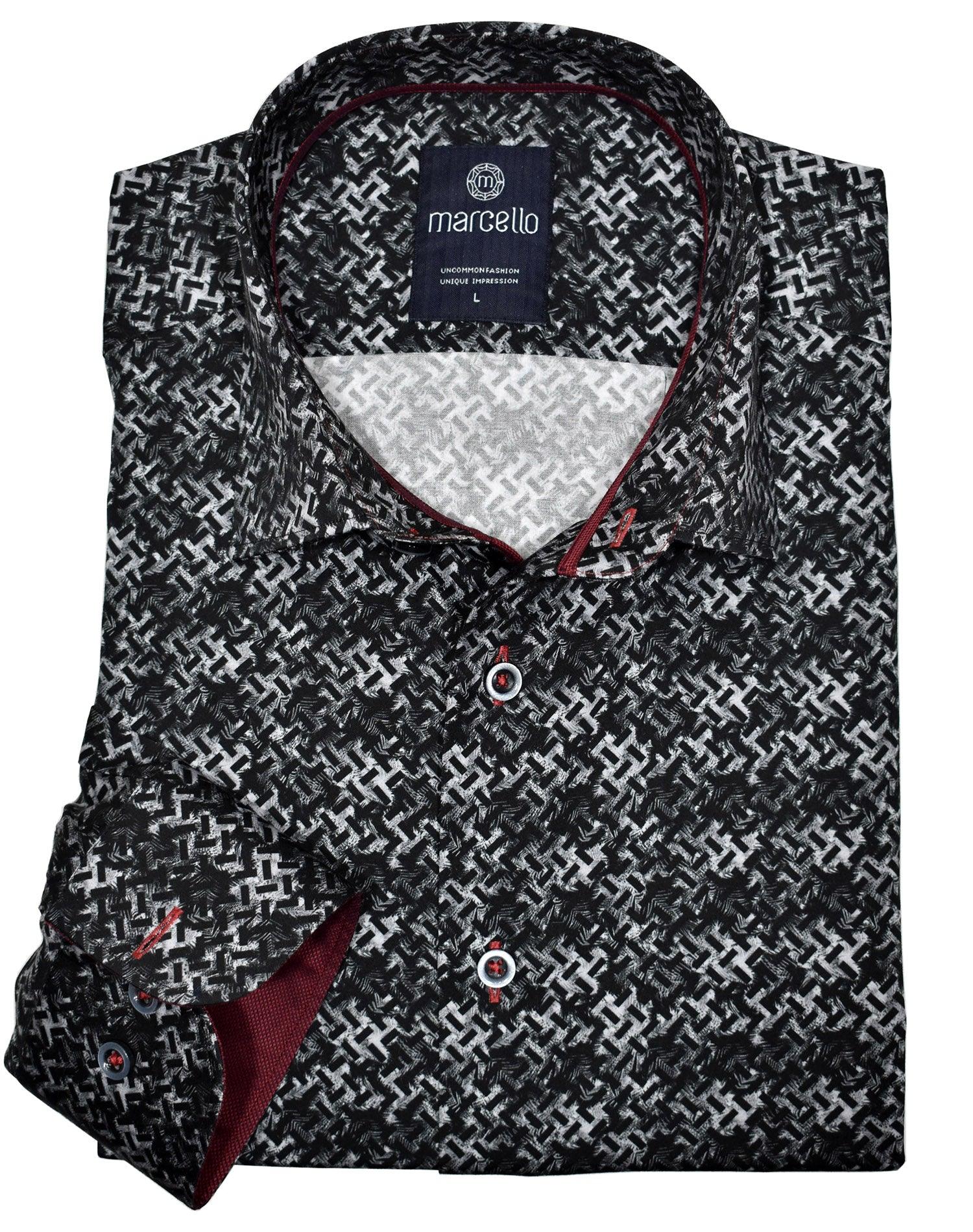 You can never have enough sharp shirts to go with your black - charcoal colors.  This fashion print with signature contrast color trim and stitching will be your favorite new shirt.  Soft cotton fabric. Updated rich pattern looks great. Royal oxford trim fabric adds a regal image. Contrast button stitches and hand selected buttons. Medium collar. Classic shaped fit.