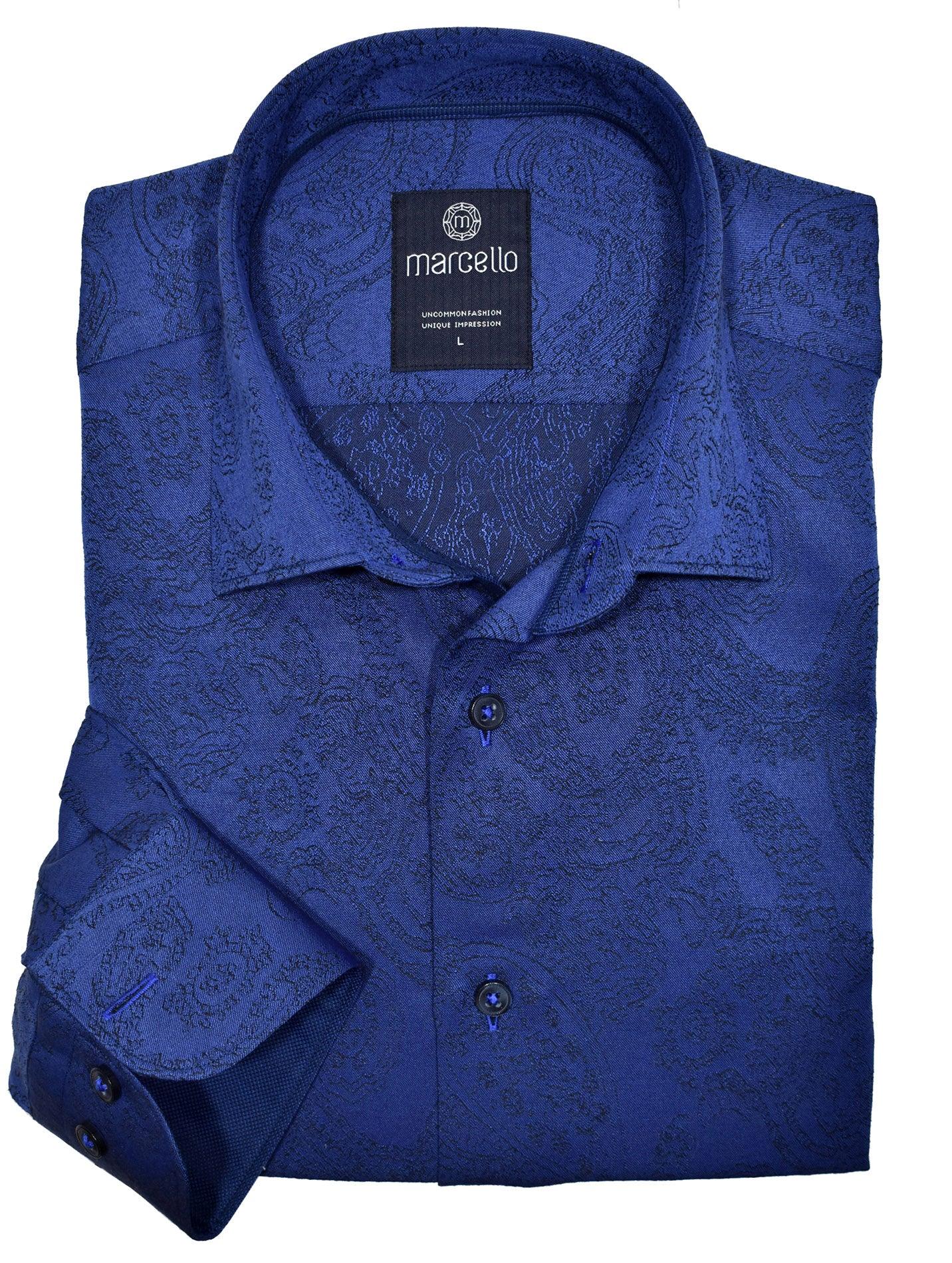 A cool navy shirt sporting a tone on tone paisley pattern will never go out of style and is a must have for any wardrobe.  Cotton fabric. Tonal paisley pattern updates the image. Blue piping details and cuff trim fabric. Contrast stitching and unique buttons. Medium collar. Classic shaped fit.