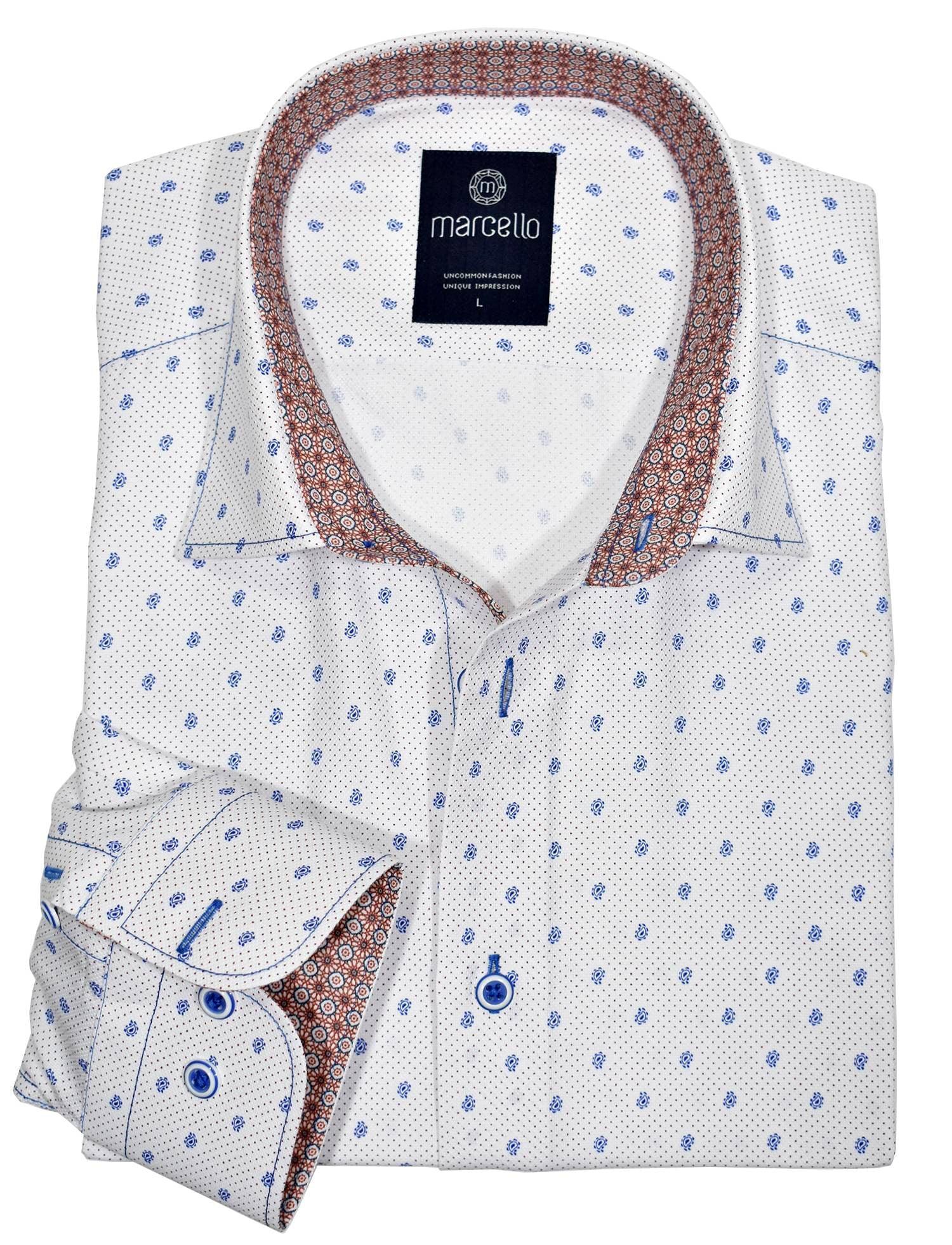 Ultra soft cotton. Fine royal oxford jacquard fabric. Contrast matched stitchwork. Custom selected buttons. 2 button signature cuffs. Classic shaped fit. Shirt by Marcello Sport