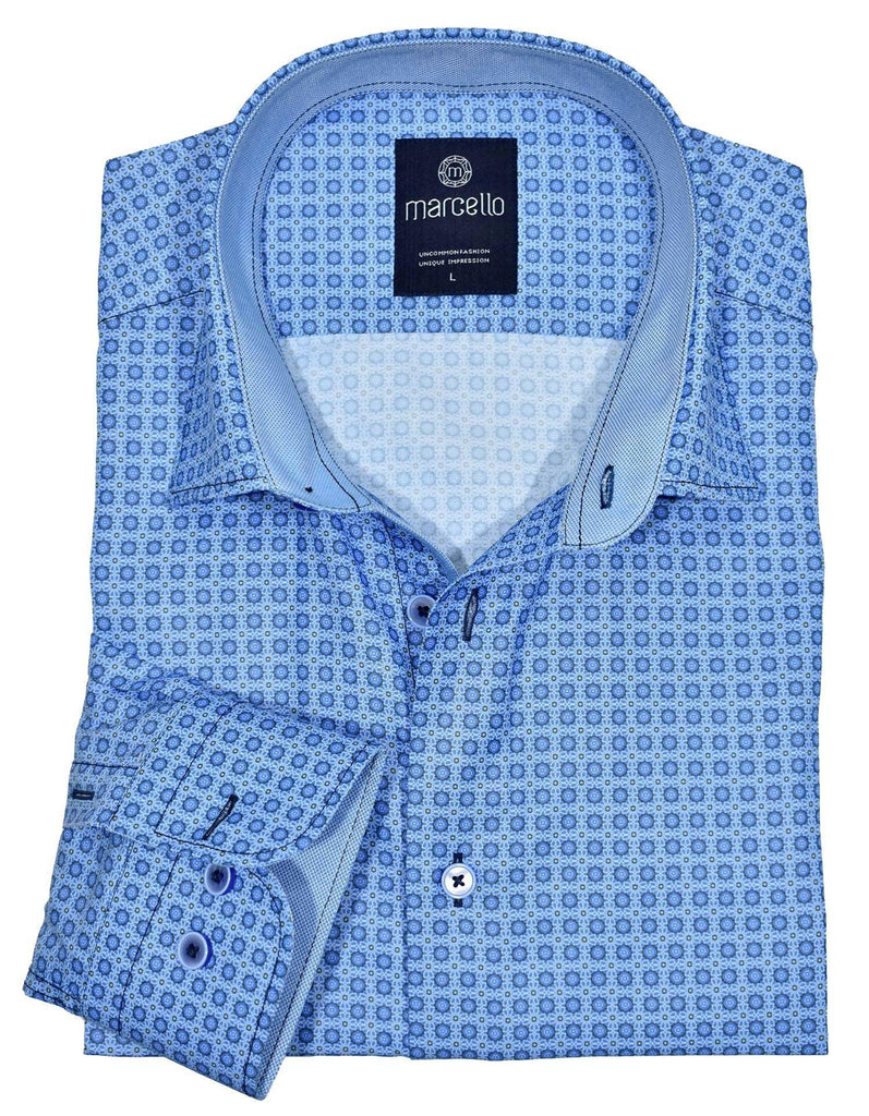 Ultra soft cotton. Fine cotton satin fabric. Custom selected buttons. 2 button signature cuffs. Matched trim fabric. Classic shaped fit. Shirt by Marcello Sport